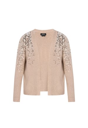 Beige cardigan met ribbelstructuur, open voorkant en lange mouwen. Heeft pailletten op de schouders, wat een glinsterend effect aan het ontwerp toevoegt.