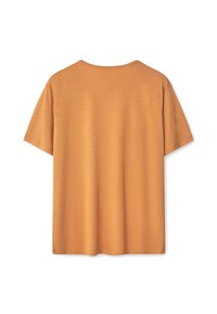 Tričko s krátkým rukávem a kruhovým výstřihem v jednotné hořčicově oranžové barvě. Vyrobeno z měkké tkaniny s hladkým povrchem. Jednoduchý design, žádné viditelné vzory.