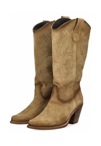 Stivali da cowboy in suede marrone con intricati motivi di cucitura, punta affusolata e tacchi a blocco. Presentano linguette per una facile calzata.