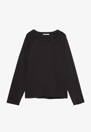 Maglia nera a maniche lunghe realizzata in tessuto texturizzato. Presenta una scollatura ampia e maniche raglan con un'orlo leggermente curvato.