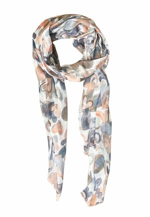 Sciarpa leggera con un design annodato sciolto, caratterizzata da un motivo a cuori pastello in tonalità beige, blu e grigio su sfondo bianco.