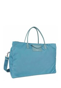 Blaue Nylon-Tragetasche mit doppelten Hälsen und einem abnehmbaren Gurt. Verfügt über einen strukturierten Lederakzent und einen Reißverschluss.