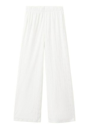 Pantalon blanc à jambe large avec taille élastique et motif floral discret en broderie anglaise sur tout le tissu.