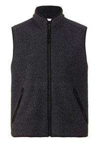 Graue Fleece-Weste mit hohem Kragen, Frontreißverschluss und seitlichen Taschen. Verfügt über einen strukturierten Stoff und schwarze Akzente entlang der Reißverschlüsse.
