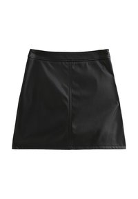 Zwarte leren rok met een gladde textuur, voorzien van een rechte snit, een tailleband en zichtbare stiksels in het midden.
