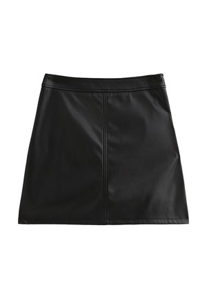 Zwarte leren rok met een gladde textuur, voorzien van een rechte snit, een tailleband en zichtbare stiksels in het midden.