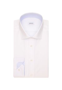 Witte dress shirt met een gestructureerde kraag. Lichtblauwe ruitmotief aan de binnenkant van de kraag en manchet. Voorzien van parelknoopsluitingen en lange mouwen.