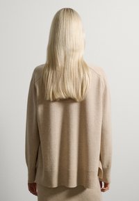 Beige gebreide trui met een ontspannen pasvorm, geribbelde boorden en zoom. Glad textuur met een subtiele glans, gefotografeerd vanuit de achterkant.