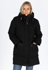 Black insulated coat with a hood, front zipper, and snap buttons. Features wooden accents and side pockets, designed for warmth and comfort.
