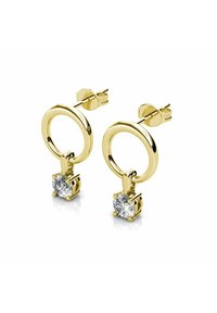 Orecchini a cerchio in oro con una goccia di cristallo trasparente in montatura a artiglio, con superfici lucide e un design semplice e moderno.