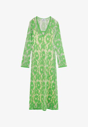 Langes, V-Ausschnitt-Kleid aus leichtem, grünen Spitze mit einem floralen Muster in Creme. Mit langen Ärmeln und einem lässigen Schnitt.