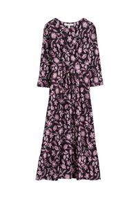 Sukienka z długimi rękawami z czarnego materiału z r�óżowym wzorem kwiatowym, dekoltem w serek i marszczoną talią, sięgająca do połowy łydki.