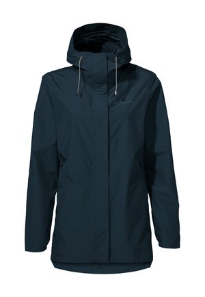 Marineblaue wasserdichte Jacke mit Kapuze, frontalem Reißverschluss, verstellbaren Kordelzügen und einem leicht verlängerten rückseitigen Saum. Glatte, matte Textur.
