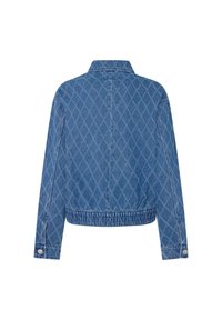 Giacca di jeans blu con un motivo a rombi trapuntato, design cropped, vita elastica e maniche lunghe con polsini abbottonati.