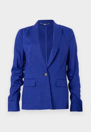 Veste ajustée bleu roi à un bouton, avec revers crantés, manches longues et poches à rabat sur le devant.