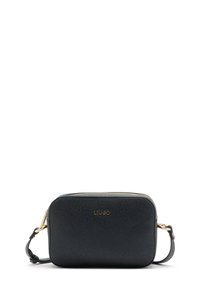 Černá texturovaná syntetická crossbody taška se zlatými kovovými prvky, horním zipovým uzávěrem a embosovaným logem. Disponuje nastavitelním ramenním popruhem.