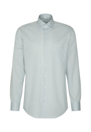 Chemise gris clair à manches longues avec boutons, motif subtil de petits points et une poche poitrine, présentée sur fond blanc.