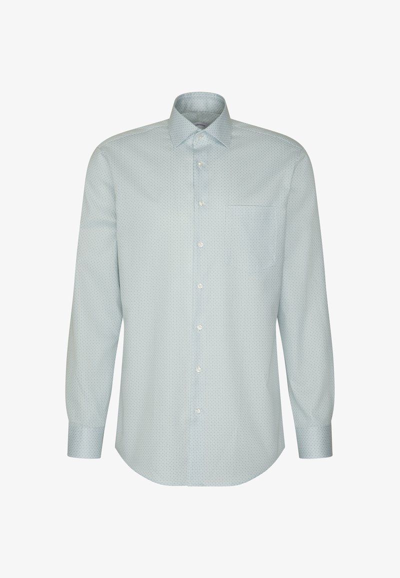 Chemise gris clair à manches longues avec boutons, motif subtil de petits points et une poche poitrine, présentée sur fond blanc.