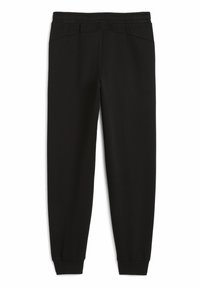 Pantalons de survêtement noirs en tissu doux, avec une bande de cheville ajustée, une taille élastique et des poches latérales. Design simple et fonctionnel.