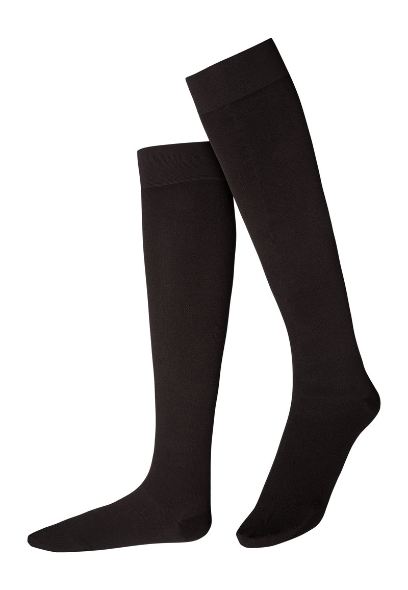 Knielange Socken aus glattem schwarzem Stoff mit einem gerippten Bund oben; keine sichtbaren Muster oder Verzierungen.
