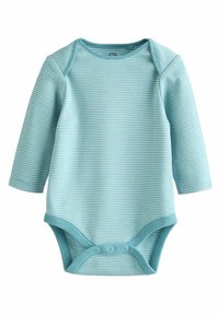 Bodystocking dla niemowląt z długim rękawem w jasnoniebieskim kolorze w białe paski, z okrągłym dekoltem i zapięciem na napy na dole. Wykonany z miękkiej bawełny.