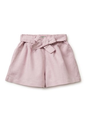 Hellrosa Leinen-Shorts mit hoher Taille, mit einem Stoffgürtel, der vorne zu einer Schleife gebunden ist, und einem elastischen Bund.