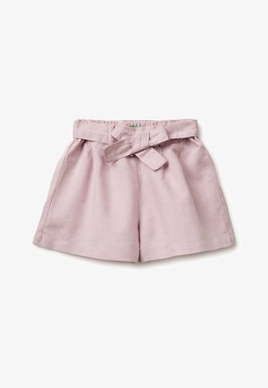 Hellrosa Leinen-Shorts mit hoher Taille, mit einem Stoffgürtel, der vorne zu einer Schleife gebunden ist, und einem elastischen Bund.