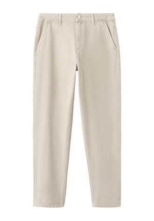 Pantalon casual beige à jambes droites, avec poches latérales, passants pour ceinture et fermeture par bouton à la taille.