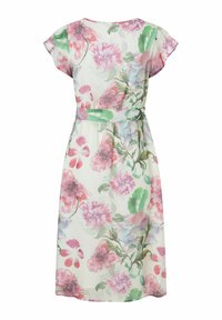 Blumenkleid aus leichtem Stoff, mit rosa, grünen und blauen Aquarellmustern, kurzen schwingenden Ärmeln und einem taillierten Gürtel.