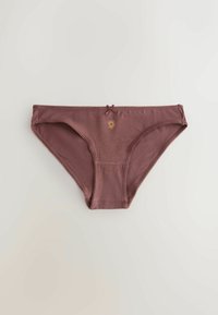 Culotte bikini en coton marron pour femme avec petit nœud et emblème soleil au centre de la ceinture sur fond blanc.