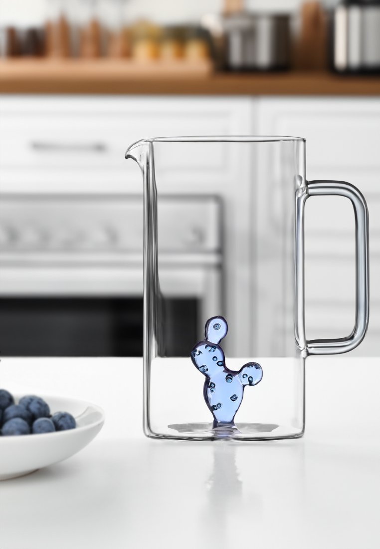 Przezroczysty szklany dzbanek z niebieskim wzorem w kształcie kaktusa w środku. Posiada zakrzywiony dzióbek i solidny uchwyt. Gładka faktura i minimalistyczny styl.