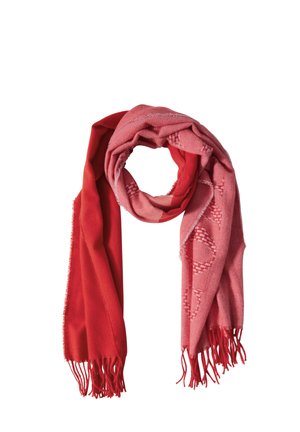 Sciarpa rossa realizzata in un tessuto morbido, con una sfumatura dal rosso scuro al rosso chiaro. Rifinita con bordi frangiati e un motivo tessuto.
