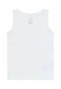 Vit ärmlös linne i bomull, med rund halsringning och etikett i mitten av ryggen. Slät textur, enkel design, utan mönster.