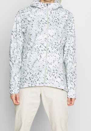 Floral-patterned lightweight jacket in muted pastels, featuring a front zipper, a hood, and long sleeves. Smooth, water-resistant fabric.