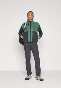 Person wearing a green and dark gray zip-up fleece, dark gray pants, gray hiking shoes, and carrying a black and gray backpack.