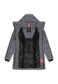 Chaqueta de abrigo inflable con patrón de pied de poule en blanco y negro, interior de satén negro, etiqueta rosa, cuello plegable y puños elásticos.