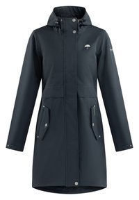 Námořnická voděodolná parka s vysokým límcem, nastavovací kapucí, dvěma předními kapsami a patentními knoflíky. Obsahuje decentní logo deštníku.