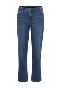 Mėlynos džinsinės kelnės tiesiu kirpimu, turinčios penkias kišenes ir mygtukų uždarymą. Audinys turi lygų paviršių ir vidutinį skalbimo efektą.