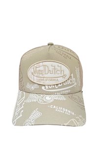 Gorra snapback beige con un logo bordado y patrones gráficos en blanco, con un diseño estructurado y visera plana.