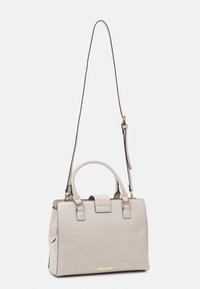 Light grey leather handbag with a textured finish, dual handles, and a detachable shoulder strap. Gold hardware accents and a structured shape.