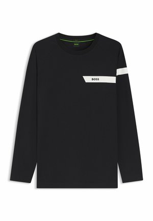 Sort langærmet t-shirt i bomuld med rund halsudskæring. Har en hvid diagonal stribe og branding på brystet. Glat tekstur.