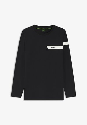 Black long-sleeve t-shirt in cotton with a crew neckline. Features white diagonal stripe and branding on the chest. Smooth texture.