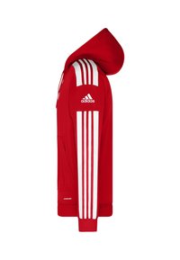 Röd hoodie med huva, vit tre-stripes design på ärmarna, framficka och "Aeroready"-text vid kanten. Slät tygkvalitet.