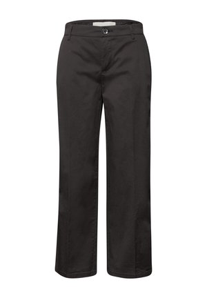 Pantalon noir à jambes droites avec fermeture à boutons, passants pour ceinture et devant plat, présenté sur un fond blanc.
