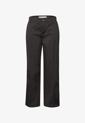 Pantalon noir à jambes droites avec fermeture à boutons, passants pour ceinture et devant plat, présenté sur un fond blanc.