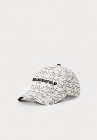 Weißer Cap mit schwarzem handgeschriebenen Text und einem fetten schwarzen "LAGERFELD"-Logo auf der Vorderseite. Strukturierter Entwurf mit gebogenem Schirm.