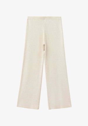 Pantalon en maille côtelée crème à jambes larges avec une taille élastique, posé à plat sur un fond blanc.