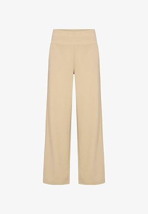 Pantalones de pierna ancha en un color beige claro, confeccionados en una tela suave. Presentan una cintura alta y un diseño fluido. Sin herrajes visibles ni patrones.
