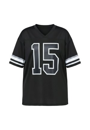 Sort sportsjersey med hvidt og gråt nummer 15 på fronten, med hvide og grå striber på ærmerne og en V-hals.