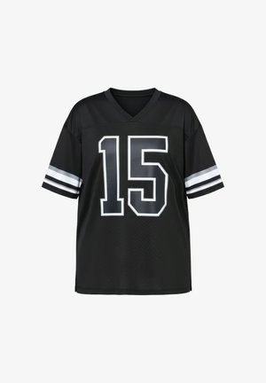 Sort sportsjersey med hvidt og gråt nummer 15 på fronten, med hvide og grå striber på ærmerne og en V-hals.